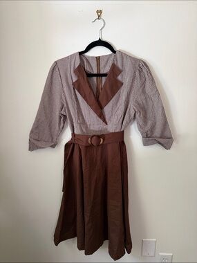 Amazon Brown Two-Tone Midi Dress with Belt